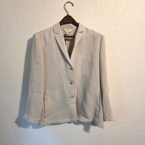 Vintage She Beige Linen Blend Three Button Blazer Jacket Size 12 Oatmeal Pocket